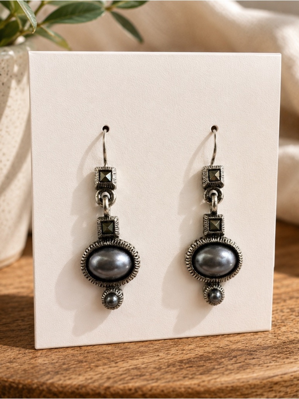 Artisan Pearl Drop Handmade Sterling Silver Earrings Modern Vintage Signed LC